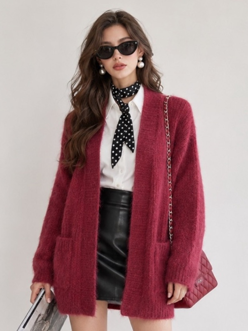 Open-Front Women’s Cardigan Sweater in Deep Berry Burgundy Fuzzy knit Longline